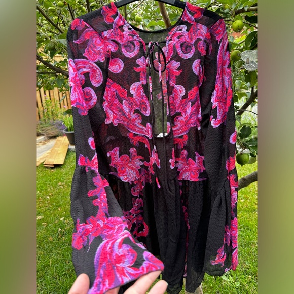 FREE PEOPLE Printed Symphony Black & Purple Long Sleeve Printed Slip Dress, Sz L - Picture 6 of 15